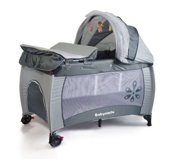 Baby Cot Crib with Diaper Changer Net Toys Canopy Wheels Grey Second Hand bobshop .za